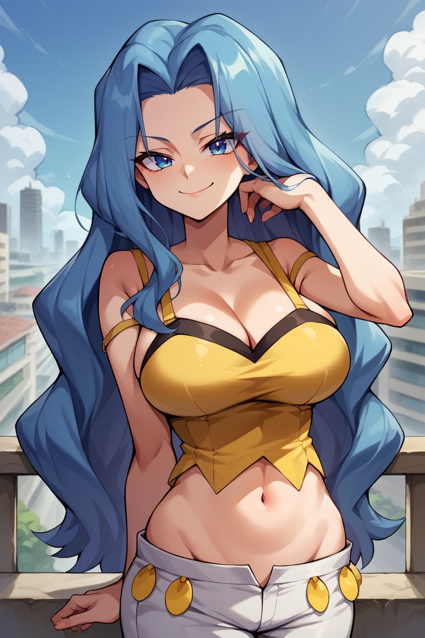 score_9, score_8_up, score_7_up, score_6_up, source_anime, BREAK 1girl, solo <lora:pkmnkaren-pdxl-nvwls-v1-000005:1> pkmnKaren, very long hair, blue hair, yellow tank top, midriff, white pants, big breasts, looking at you, happy, smug, closed mouth, city, blue sky, upper body, hand up, cleavage