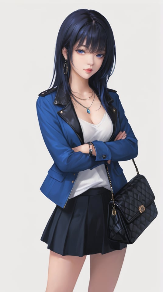 (best quality), ((masterpiece)), (highres), illustration, original, extremely detailed,  <lora:ACG ART_V:0.7>1girl, solo, bag, long hair, crossed arms, handbag, jacket, black hair, white background, jewelry, simple background, closed mouth, ring, bangs, shoulder bag, blue hair, looking at viewer, blue eyes, breasts, long sleeves, collarbone, skirt, black skirt, shirt, chain, black jacket, white shirt, blue jacket