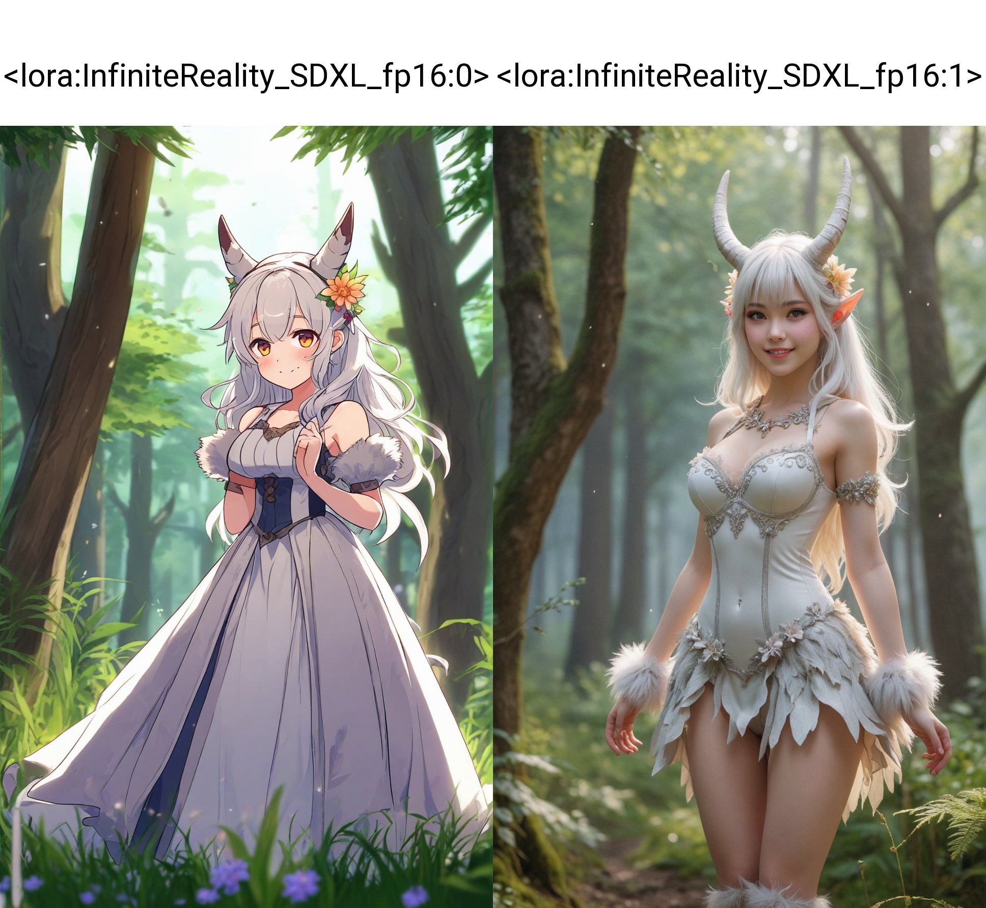 (best quality, masterpiece, colorful, highest detailed), dynamic pose, pose 1girl, ((upper body)), smile, closed mouth, looking to the side, standing, arms at sides, , fur trim, horns, light particles, light rays, long hair, pointy ears, demon girl, solo, white hair, long bangs, path, bush, field, flower, forest, grass, mushroom, nature, outdoors, path, plant, rock, scenery, tree, vines (ultra-detailed body), (beautiful background:1.3), (intricate details), (dynamic angle) <lora:InfiniteReality_SDXL_fp16:0>