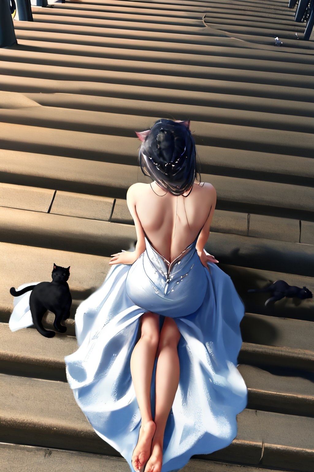 huiren01,1girl,cat,from above,solo,barefoot,black hair,black cat,dress,bare shoulders,sitting,animal,long hair,stairs,white dress,full body,back,bare legs,facing away,bird,<lora:guiren1.5:0.8>,, masterpiece, best quality,