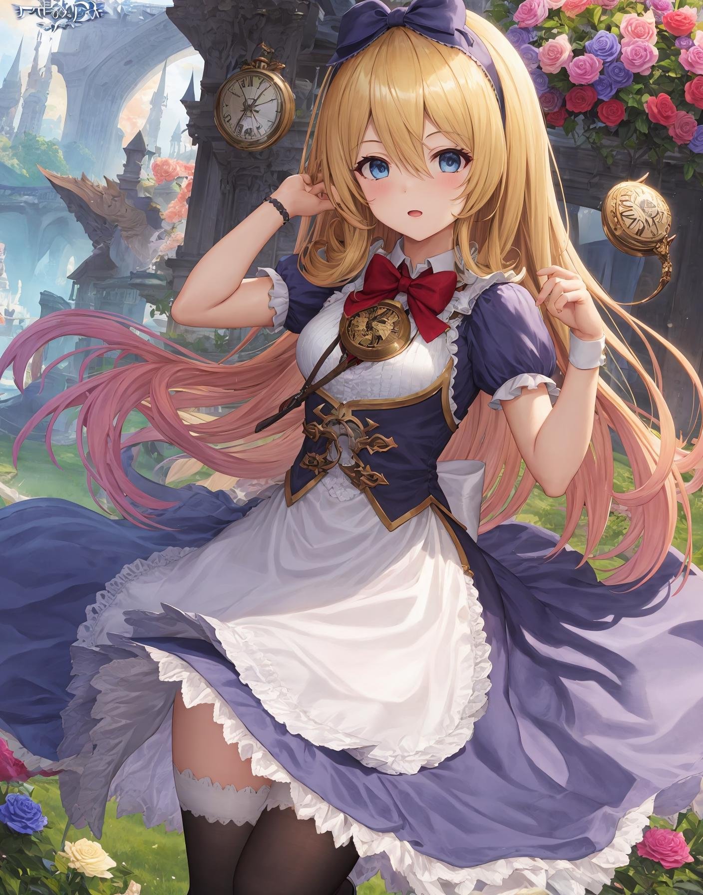 (cygames, official art, shadowverse, shingeki no bahamut ), a beautiful masterpiece portrait of a blonde girl in a blue dress,  standing, full body, (she has a large pocket watch pendant watch clock hanging loosely off her shoulder like a pendant),     absurdres, highres, (high quality, beautiful, detailed, intricately detailed, ),nose blush,  1girl, frills, looking at viewer, blush,  eyebrows visible through hair, breasts, small breasts, solo focus, shadow,  hair between eyes,boots, (1girl, blonde hair, blue eyes, dress, long hair,  flower,  (pocket watch, pendant watch), (blue dress:1.2), rose, apron,  hairband, blue hairband, bow hairband,   bowtie,   bow, petticoat,  ((blue corset)), ribbon, frills, wrist cuffs, pink rose,  outdoors,  puffy sleeves, short sleeves, juliet sleeves, , large dress, thighhighs,  frills, black thighhighs, apron, puffy short sleeves, jewelry, red bowtie, wrist cuffs,  hair between eyes,   bangs, ribbon-trimmed skirt, ribbon trim, :1.0 ),<lora:Alice2:1.0>,