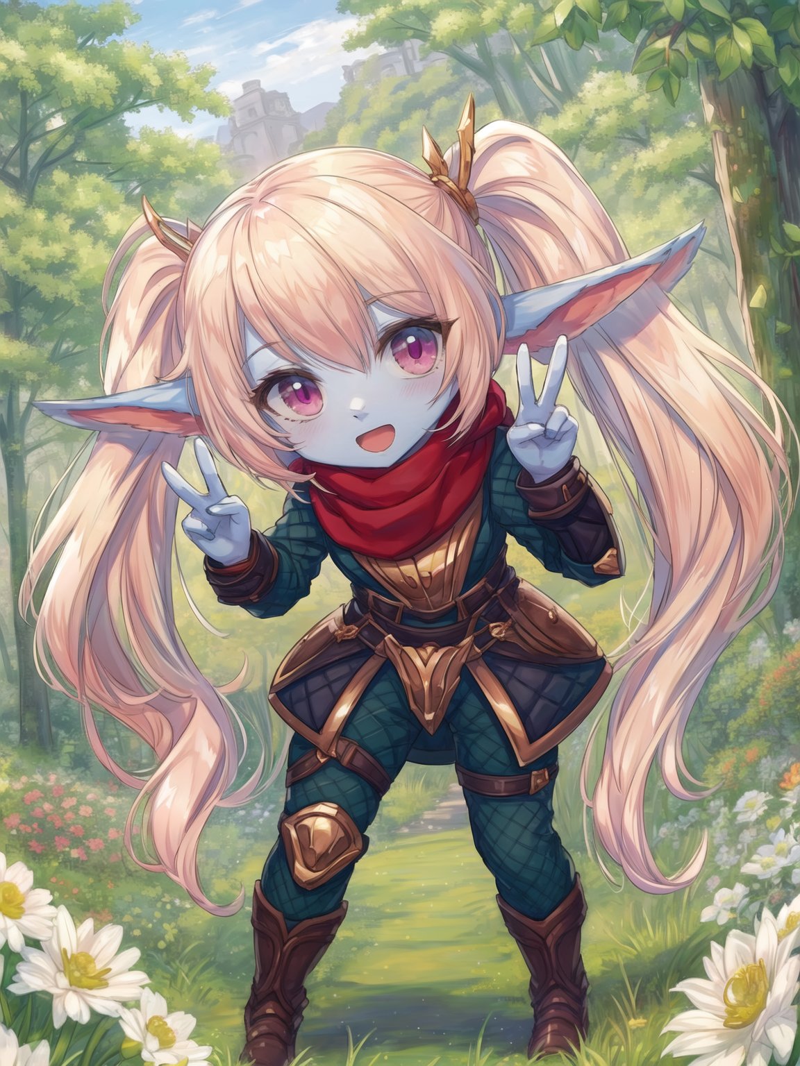 <lora:fix_noiseoffset:1><lora:kupa_poppy:1>, (poppy:1.1), curvy, (colored skin:1.2), armor, [green pants:0.3], scarf, full body, peace sign, [::d:0.5], meadows, best quality, <lora:torino:1>