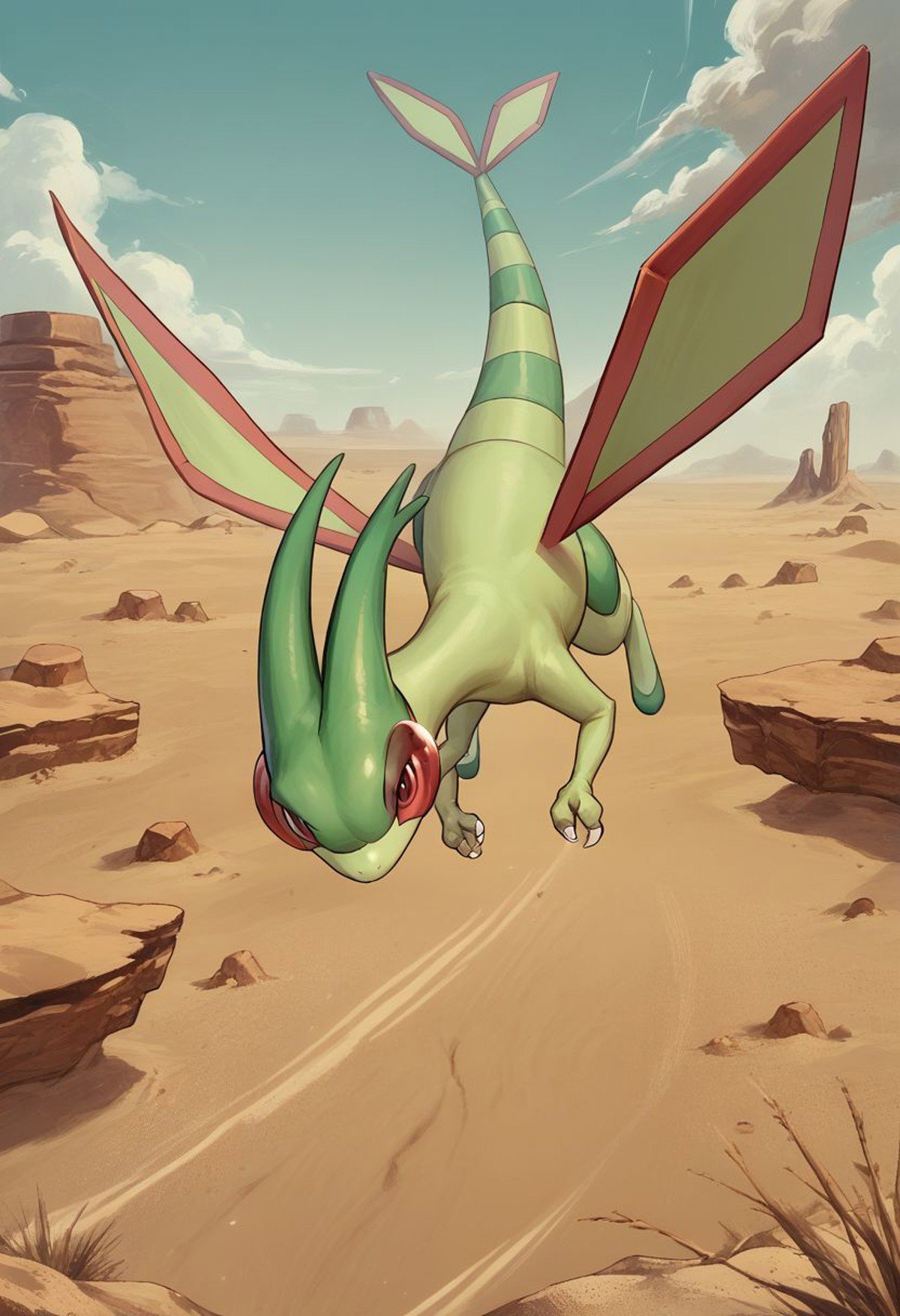 (source_anime, score_9, score_8_up, score_7_up:1), flygon, feral, flying, outdoors, desert, wind, looking at viewer, no humans