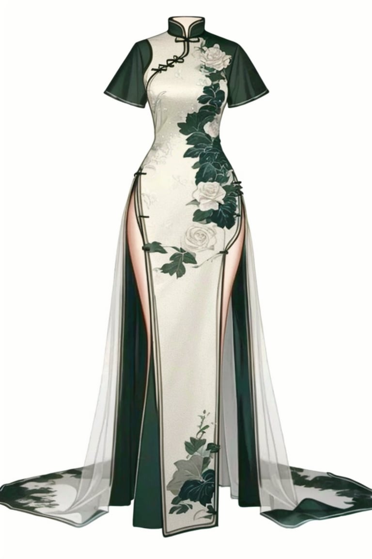 ((HRD, HUD, 8K)),((masterpiece, best quality)), highly detailed,ClothingDesign, solo, cable, wire, chinese clothes, dress, china dress, side slit, white dress, short sleeves, floral print, no humans, simple background, white background, ﻿﻿ <lora:20240601-1717209436687:0.8>