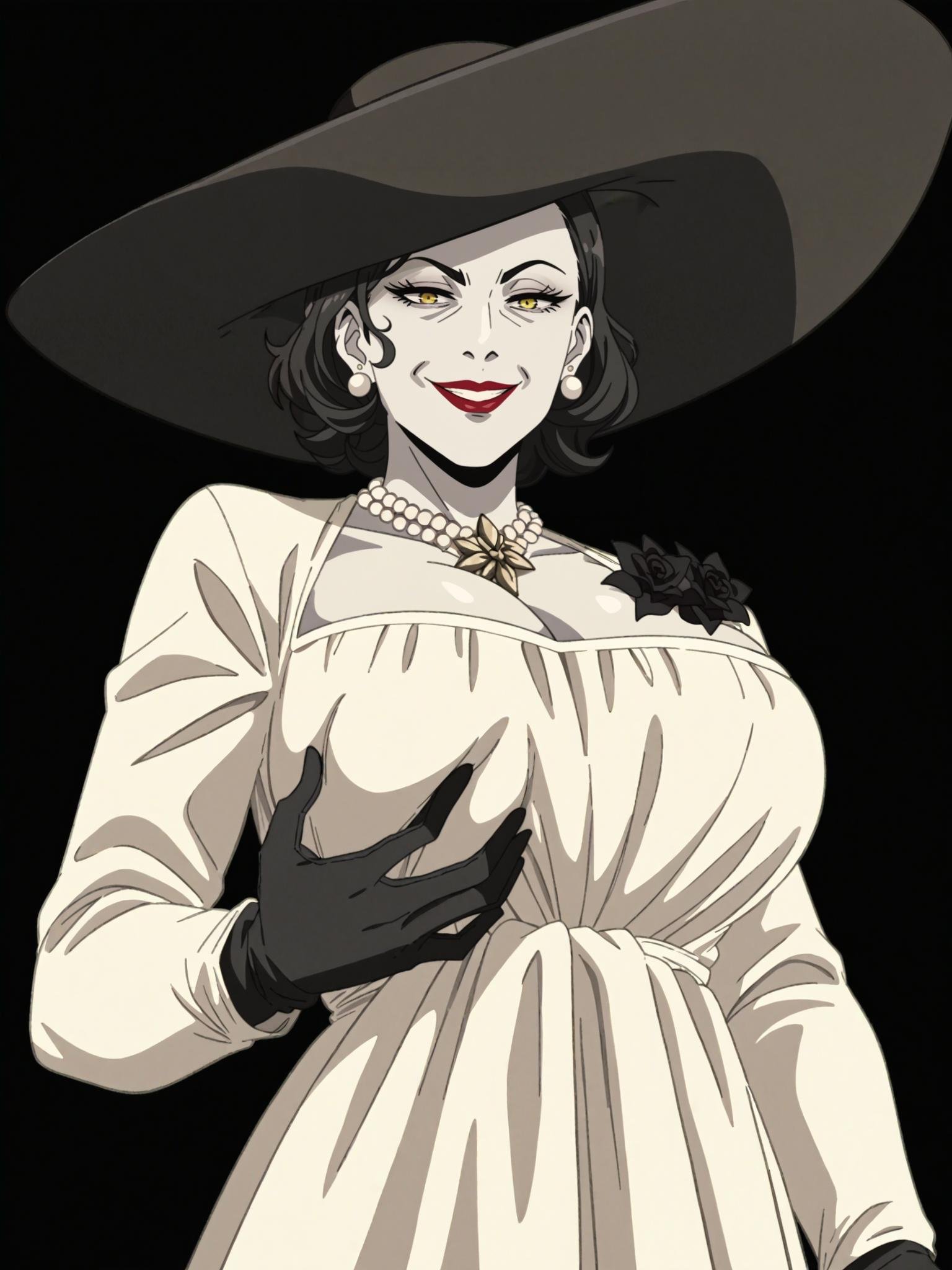 score_9, score_8_up, score_7_up, score_6_up, score_5_up, score_4_up,BREAKalcina dimitrescu, yellow eyes, red lips, pale skin, short hair, black sun_hat, long eyelashes, evil smile, half-closed eyes, adult, mature,BREAKsolo, standing, white dress, tall, broad shoulders, large breasts, breast grab, groping, self fondle,BREAKblack background, simple background, dynamic pose, screencap, <lora:Lunas-Mushoku-Tensei-SDXL-A4:1>