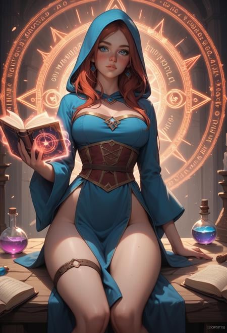 score_9,score_8_up,score_7_up,score_6_up,score_5_up,score_4_up,sorceress,casting thunder magic spells,blue hood,medium breasts,colorful eyes,freckles,red hair,magic circle,thigh strap,petite,1girl,delicate and smooth skin,blush,perfect body,thighs,large breasts,highly detailed,glossy lips,looking at viewer,tomes in background,magic book,ritual,vials,potion,