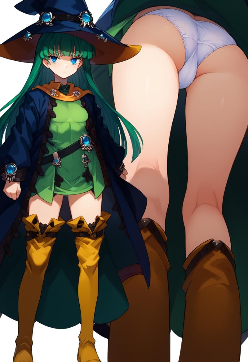 score_9, score_8_up, score_7_up, source anime, mtu virus, multiple views, panties, shizuka, 1girl, blue eyes, green hair, long hair, green dress, open coat, witch hat, belt, thigh boots, yellow footwear, ass, from below, white background, <lora:shizuka-xl-pony-v1-000003:1>, <lora:mtu_virus-xl-pony-v2-000004:1>, 