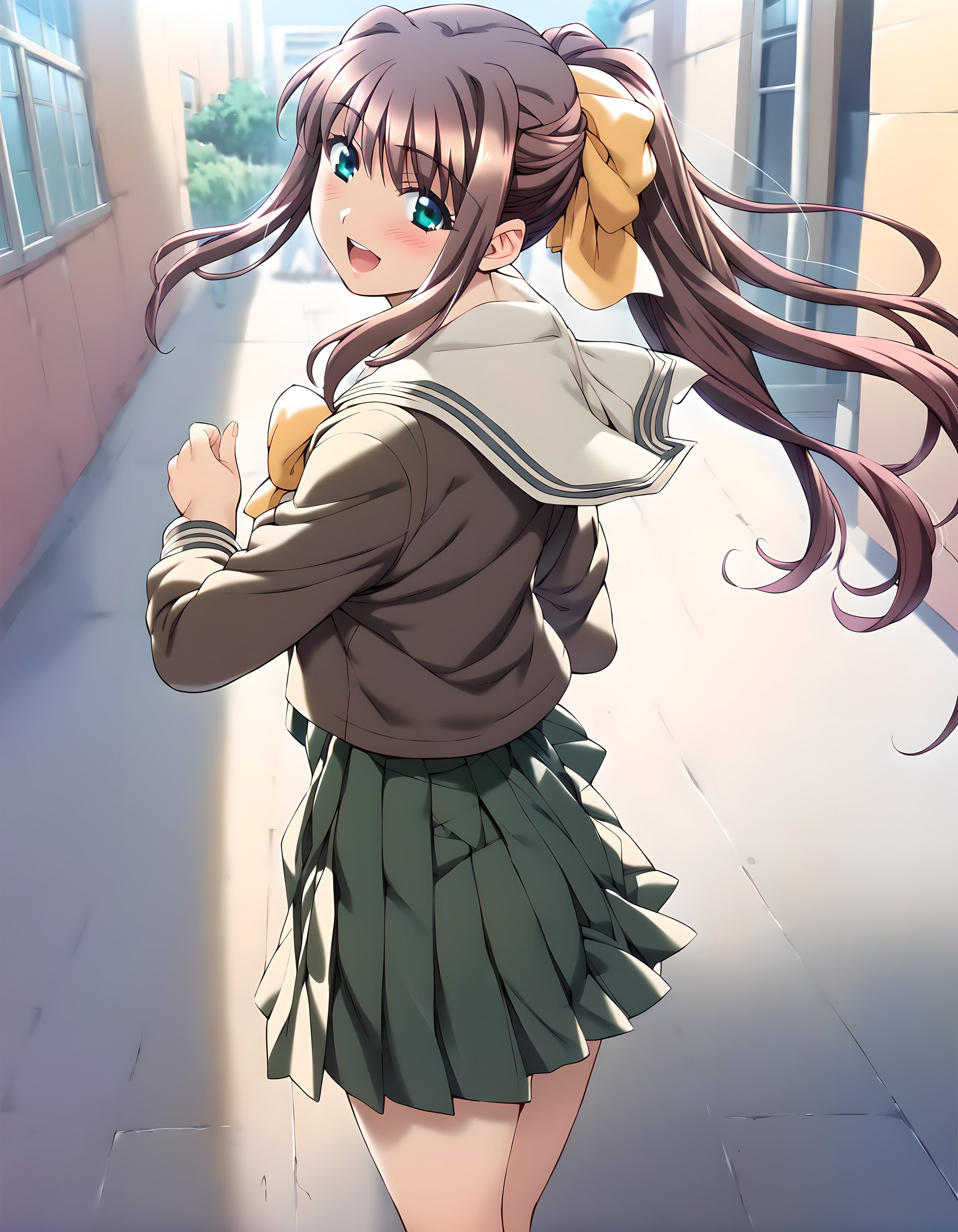 <lora:pony_xl_ren:0.8>,ren,score_9,score_8_up,score_7_up,source_anime,1girl,blush,day,looking at viewer,open mouth,school uniform,serafuku,pleated skirt,smile,city,looking_back,