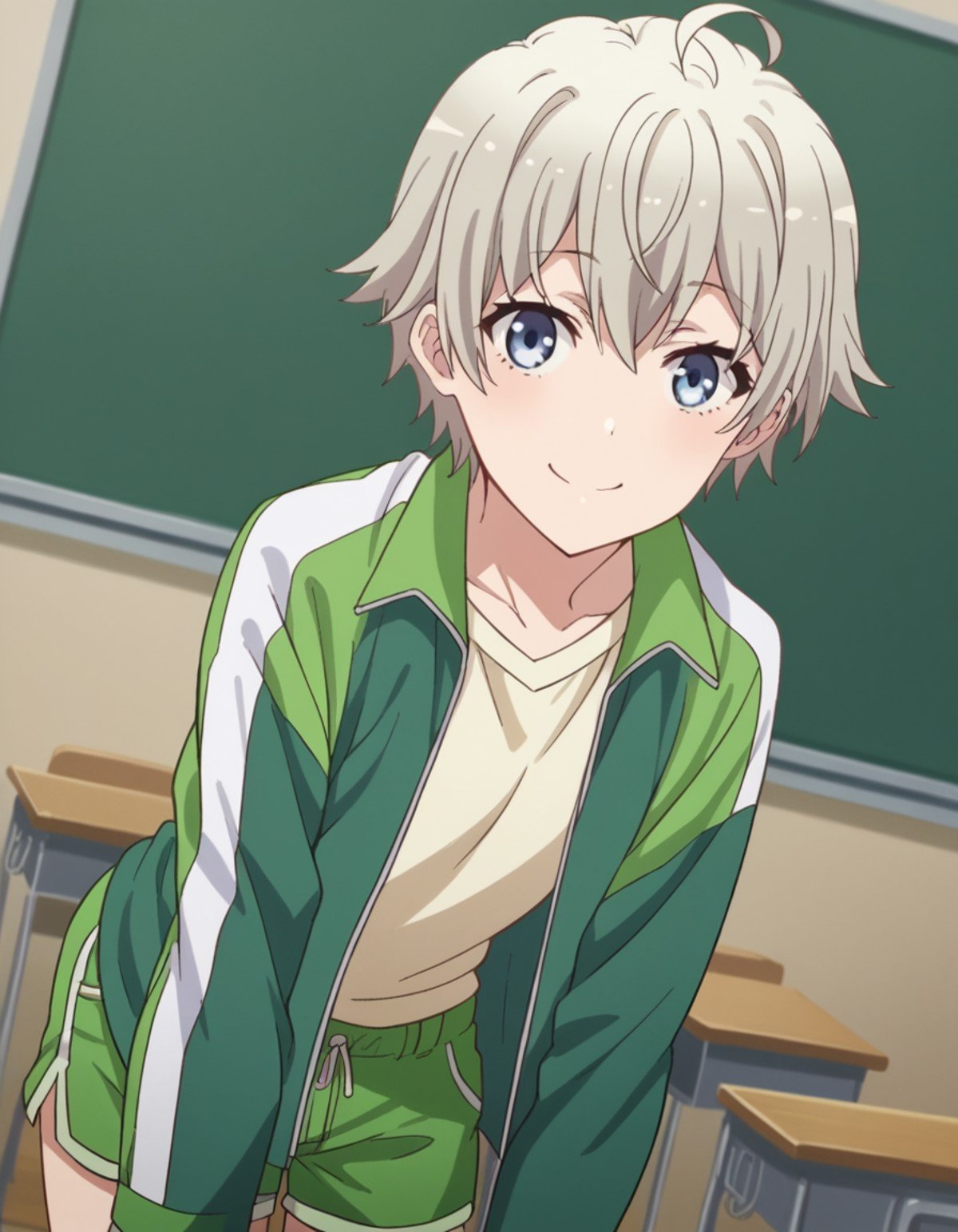 score_9, score_8_up, score_7_up, source_anime,saikatotsuka, <lora:saika-totsuka-s2s3-ponyxl-lora-nochekaiser:1>,saika totsuka, blue eyes, ahoge, grey hair, androgynous,jacket, green jacket, shirt, white shirt, open jacket, shorts, green shorts, raglan sleeves,indoors, classroom, bent over, smile,looking at viewer, cowboy shot, solo, dutch angle,