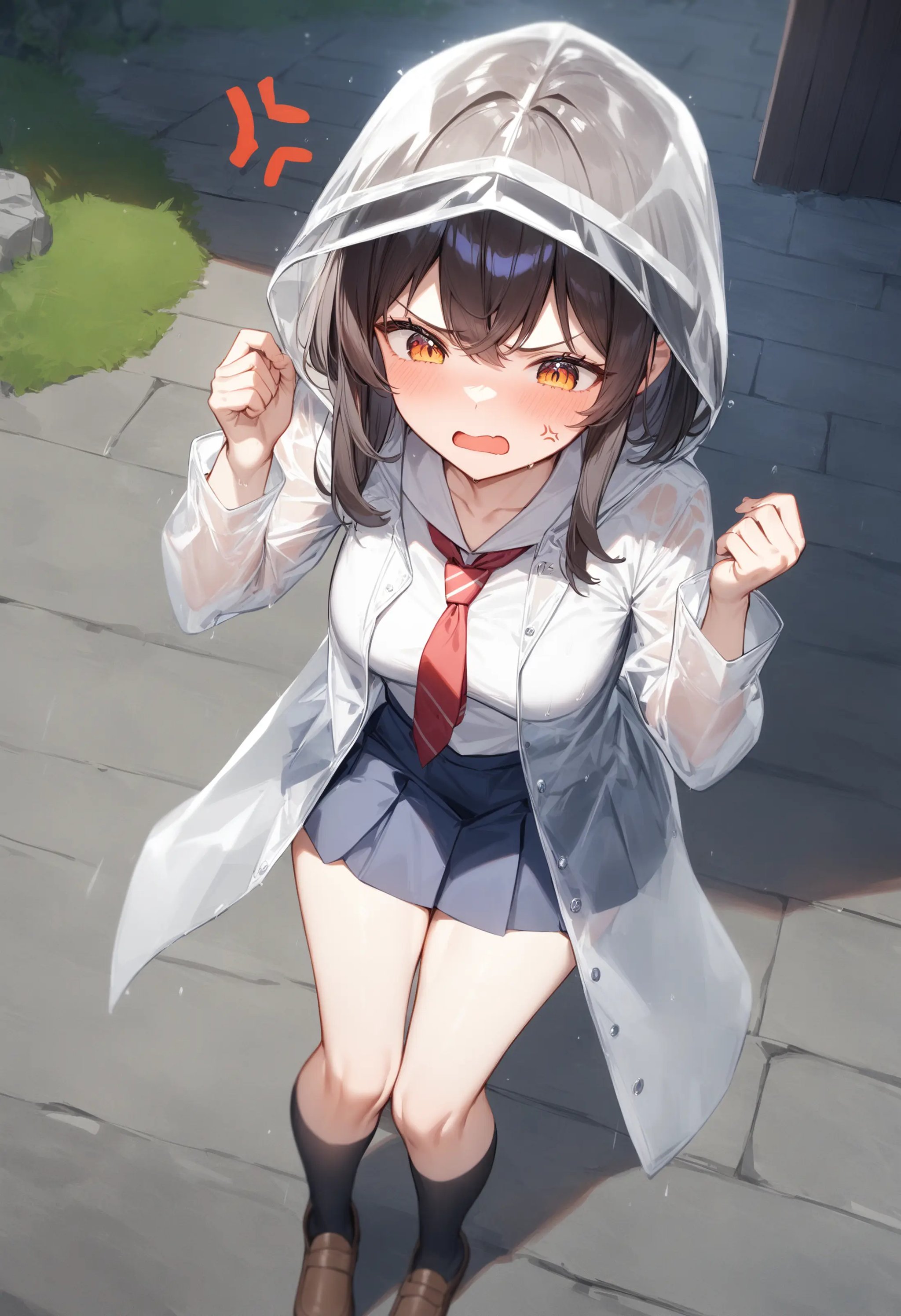 1girl, <lora:sdxl2-flat2-512b:-1>,medium breasts,school uniform,transparent raincoat,<lora:transparentraincoat_XL_v1:0.7>from above, feet out of frame, looking down, anger vein, middle ages street, open mouth,masterpiece, best quality, very aesthetic, absurdres