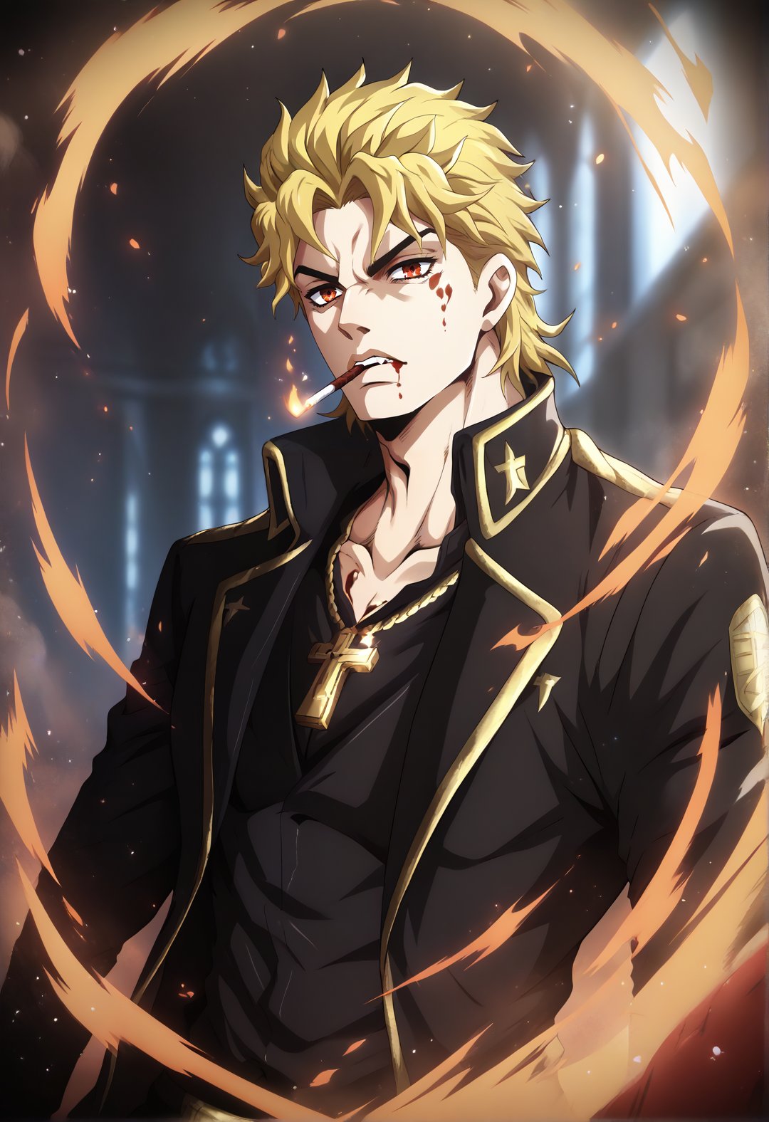 score_9, score_8_up, score_7_up, dio brando, solo, blonde hair, red eyes, black suit, black necktie, cross (necklace), blood on mouth, vampire, stand (jojo), flame, effect, particles, cigarette in mouth, smoke