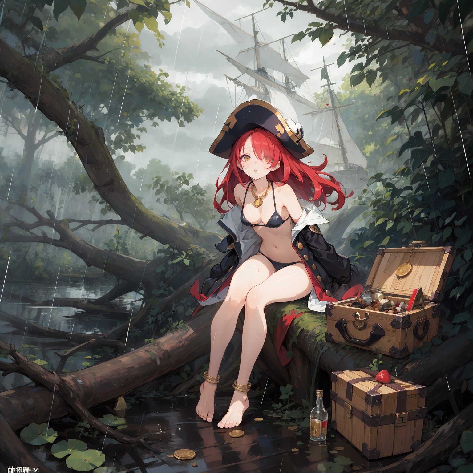 8k,4k,highres,absurdres,masterpiece,top quality,best quality,extreme detailed,colorful,highest detailed,Gorgeous background, 1girl,solo,(full body:1.1),red hair, amber eyes,torn tanktop,black coat,torn coat,dirty,bandaged_foot,soles,foot_focus,  from_below,(pearl_single_anklet:0.9),barefoot,shell_bracelet,tooth_necklace, (hair_over_one_eye), messy_hair, absurdly_long_hair, looking_up,confused,floating_hair,pirate_hat, pirate, skull_mark,skull_logo,((treasure_chest)),(coin_stack),(gem),(gold),drunk,((drooling)),(rum,whisky,alcohol,(bottle:1.2)),bottomless,bubble, bare_hips,cuffs,bandaged_leg, bare_legs,(a girl sitting  on a fallen tree in the lake),weed,lotus,tree,(jungle),vines,ruin,gaint tree,airship in the sky,airship,(fallen tree:1.3), (rain:1.3),day,cloud,((storm)),((wind)),((wet)),mushroom,pirate ship, cleavage,large_breasts, black_micro_bikini,bare_shoulders, open_mouth,leg_belt,((leaning_forward, v_arms))