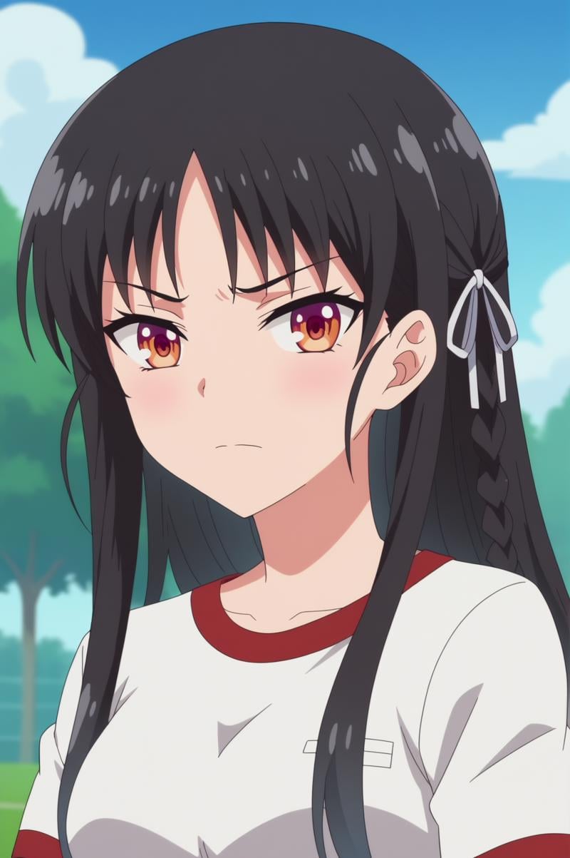 suzune horikita,anime screencap,1girl,solo,mature,looking at viewer,braid,long hair,school,gym uniform,white,shirt,closed mouth,emotionless,outdoors,school, sky,tree <lora:Suzune Horikita - PDXL2 .safetensors:0.8>