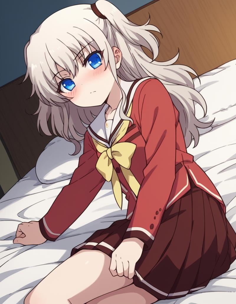 score_9, score_8_up, score_7_up, source_anime,naotomori, <lora:nao-tomori-s1-ponyxl-lora-nochekaiser:1>,nao tomori, long hair, blue eyes, two side up,school uniform, serafuku, long sleeves, red blazer, red skirt, pleated skirt, white sailor collar,indoors, bed, bed room, on side, blush, drunk,looking at viewer, cowboy shot, solo, dutch angle,