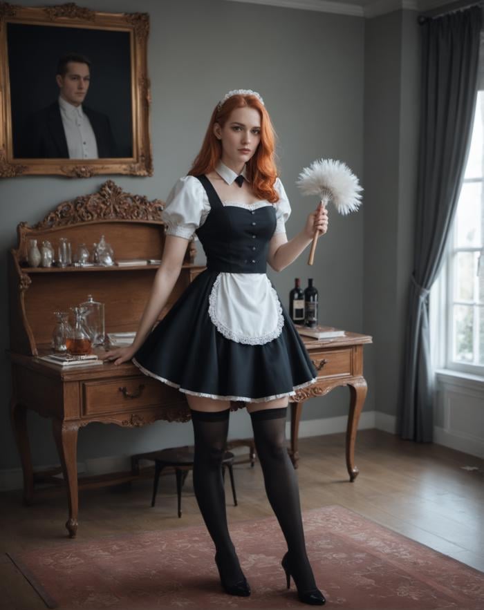 score_9,score_8_up,score_7_up,score_6_up,score_5_up,score_4_up,highly detailed,real life,analog, full body, side view, sexy ginger french maid cleaning a desk in an opulent study, feather duster, stockings, ginger bun, short skirt,