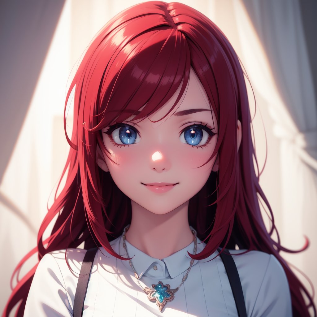 a close up from 1 beautiful and cute girl, extreme close-up, detailed blue-silver eyes, ((long red hair)),  beautiful dainty necklace,  shy smile,  (masterpiece:1.2), (best quality:1.2), newest, ai-generated, ultra-detailed, best shadow, detailed background, high contrast, (best illumination, an extremely delicate and beautiful), ((cinematic light)), hyper detail, dramatic light, intricate details, 8k, anime, very aesthetic, vibrant color,