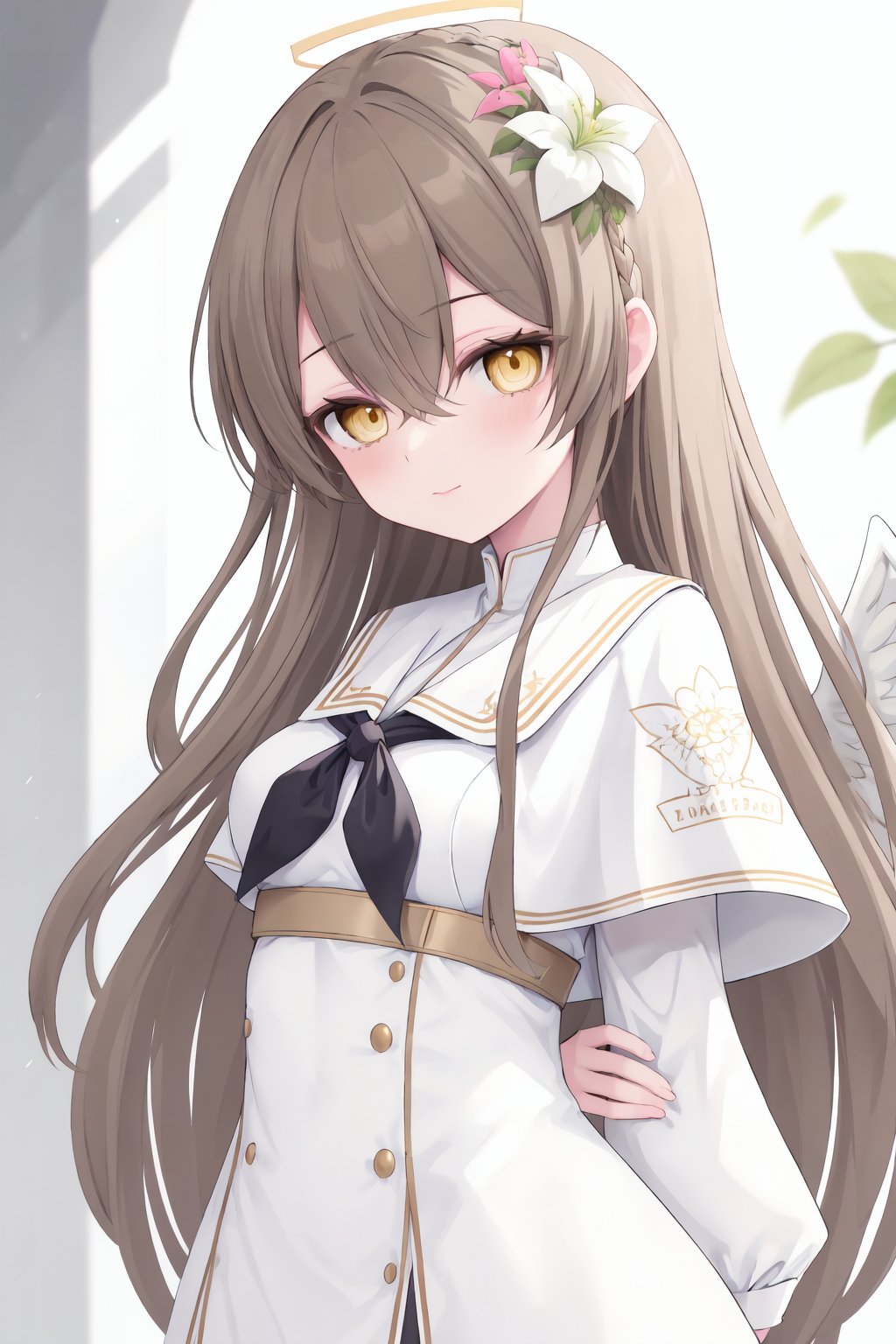 1girl, solo, flower, hair ornament, hair flower, long hair, black neckerchief, wings, looking at viewer, blush, bangs, hair between eyes, braid, closed mouth, long sleeves, neckerchief, white wings, capelet, dress, halo, feathered wings, white dress, yellow eyes, sailor collar, white capelet, very long hair, arms behind back, brown hair, white flower, hand on own arm, small breasts, breasts, brown eyes, upper body, angel wings