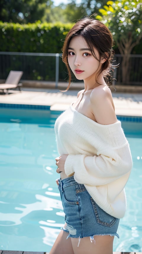 masterpiece,best quality,bright colors,solo,photo_,(1girls:1.3),(standing:1.3),(looking at viewer:1.4),Elegant,detailed gorgeous face,(cowboy shot:1.3),realistic,(pool background:1.2),denim shorts,off shoulder,