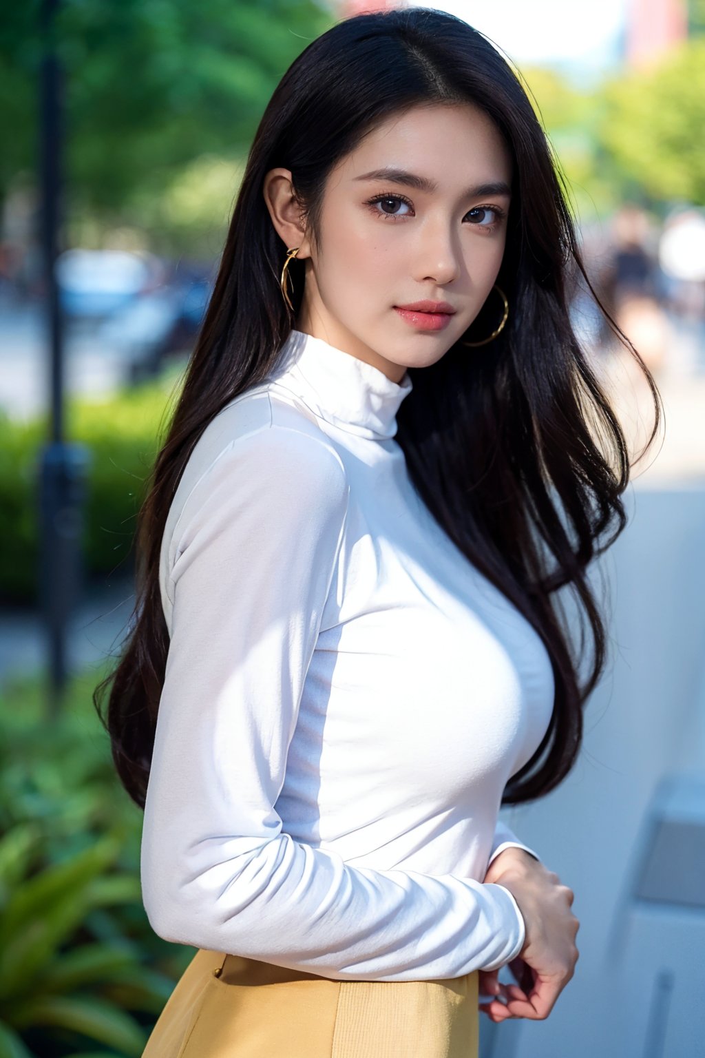 background is New York,street, 1 girl, beautiful korean girl, big eyes, wearing tight black dress(turtle neck,simple,long sleeves), black long boots, shy smile, solo, beautiful and detailed eyes, dark eyes, big breasts, calm expression, delicate facial features, ((model pose)), Glamor body type, (dark hair:1.2), simple tiny earrings, simple tiny necklace, very_long_hair, hair past hip, bangs, curly hair, flim grain, realhands, masterpiece, Best Quality, 16k, photorealistic, ultra-detailed, finely detailed, high resolution, perfect dynamic composition, beautiful detailed eyes, eye smile, ((nervous and embarrassed)), sharp-focus, full_body, cowboy_shot<lora:Angelkaramoy:0.7>AK