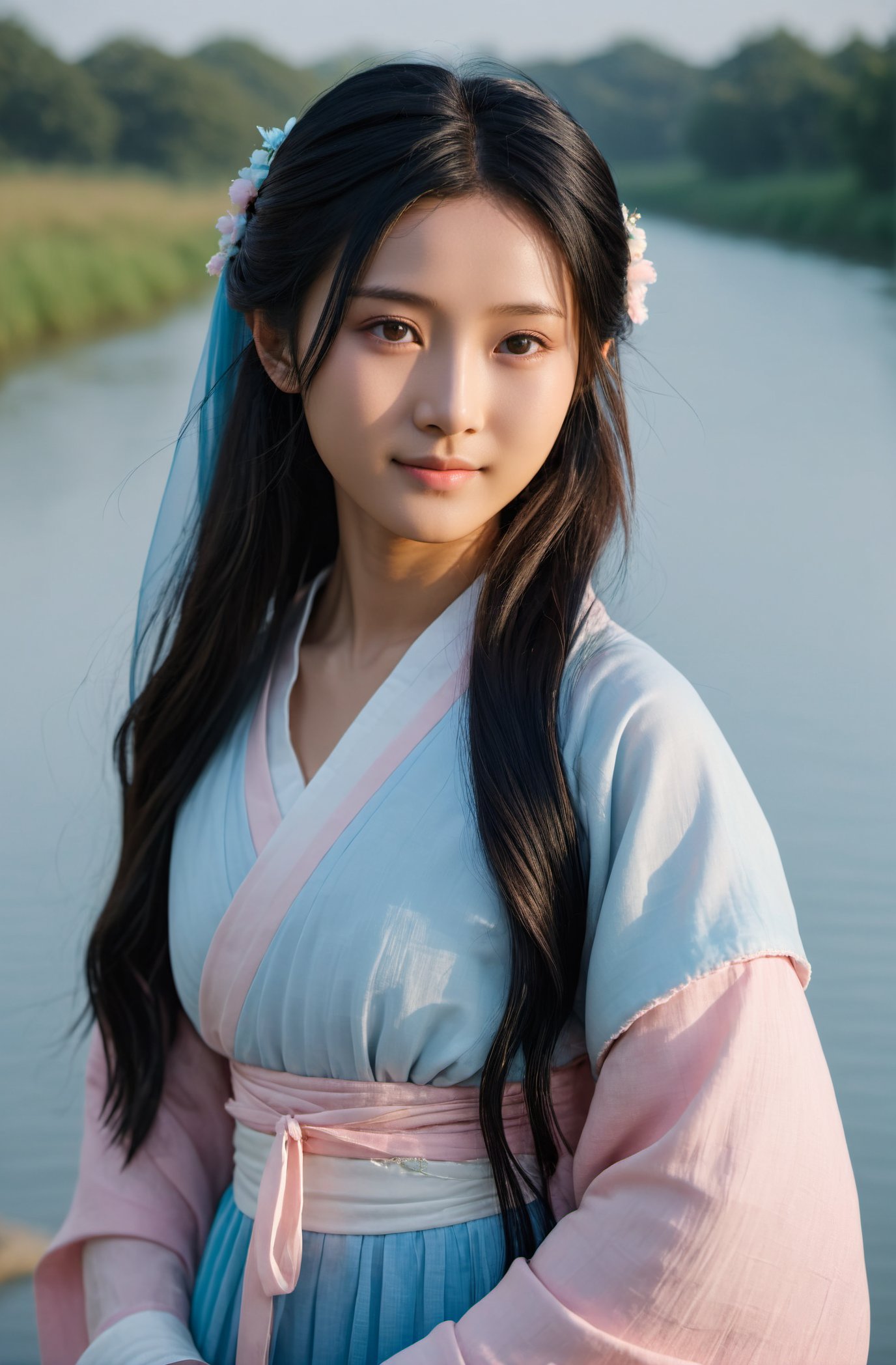 cinematic photo Half body portrait real photography of beautiful young asian woman with out makeup wearing pastel (gradient:1.2) pink and blue cotton textile hanfu skirt standing on riverbank, black hair and brown eyes, gentle smile on face, detailed skin texture and pores,, detailed eyes, detailed lips, detailed mouth, detailed nose, detailed hair,, detailed eyes, detailed lips, detailed mouth, detailed nose, detailed hair . 35mm photograph, film, bokeh, professional, 4k, highly detailed