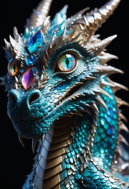 A beautiful portrait photograph of a dragon with diamond and gemstone scales, opal eyes, cinematic, gem, diamond, crystal, fantasy art, hyperdetailed photograph, shiny scales, 8k resolution,