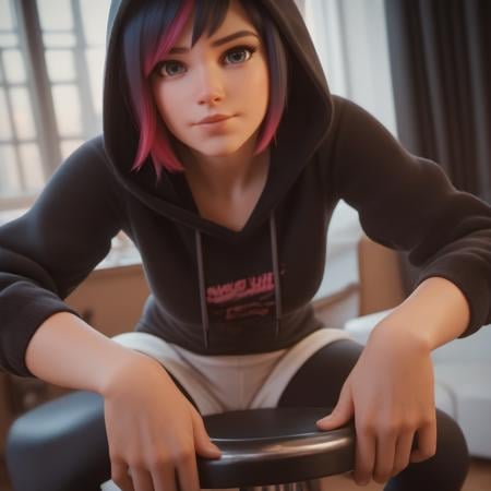 score_9, score_8_up, score_7_up,score_6_up, score_5_up, highly detailed, 1girl, looking at the viewer, upper body, sitting on a stool, face the viewer,hoodie, leggings, living room, 