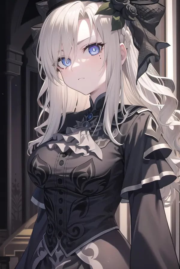 kriemhild, <lora:kriemhild-lora-nochekaiser:1>,kriemhild, blue eyes, long hair, mole, mole under eye, pale skin, white hair, wavy hair,BREAK ascot, black capelet, black dress, black flower, black gloves, black headwear, black rose, capelet, dress, flower, gloves, hat, long sleeves, rose, veil,BREAK looking at viewer,BREAK indoors,BREAK <lyco:GoodHands-beta2:1>, (masterpiece:1.2), best quality, high resolution, unity 8k wallpaper, (illustration:0.8), (beautiful detailed eyes:1.6), extremely detailed face, perfect lighting, extremely detailed CG, (perfect hands, perfect anatomy),