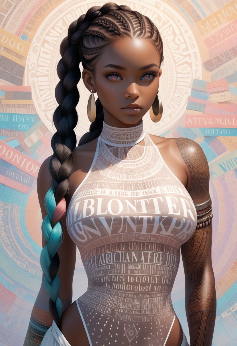 1girl,african girl,dark-skinned,long braids,body covered in words,words on body,tattoos of words on body,(masterpiece,best quality),large breasts,(intricate details),unity 8k wallpaper,ultra detailed,(pastel colors),beautiful and aesthetic,see-through (clothes),detailed,solo,look at viewer,