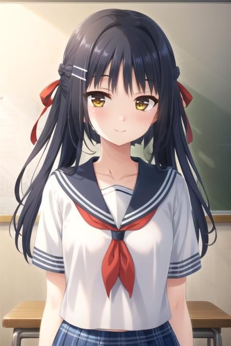 ((masterpiece)),(best quality),official art,extremely detailed CG,unity 8k wallpaper,ultra detailed,beautiful detailed eyes,extremely detailed face,classroom,1girl,solo,upper body,(portrait:1.5),looking at viewer,facing viewer,(petite:1.3),smile,Seguchi Asahi,long hair,black hair,braid,hair intakes,hair ribbon,hair ornament,hairclip,sidelocks,bangs,yellow eyes,serafuku,white shirt,blue sailor collar,plaid sailor collar,red neckerchief,short sleeves,blue cuffs,medium breasts,miniskirt,plaid skirt,white socks,black footwear,<lora:Seguchi Asahi(okjmd):0.8>,