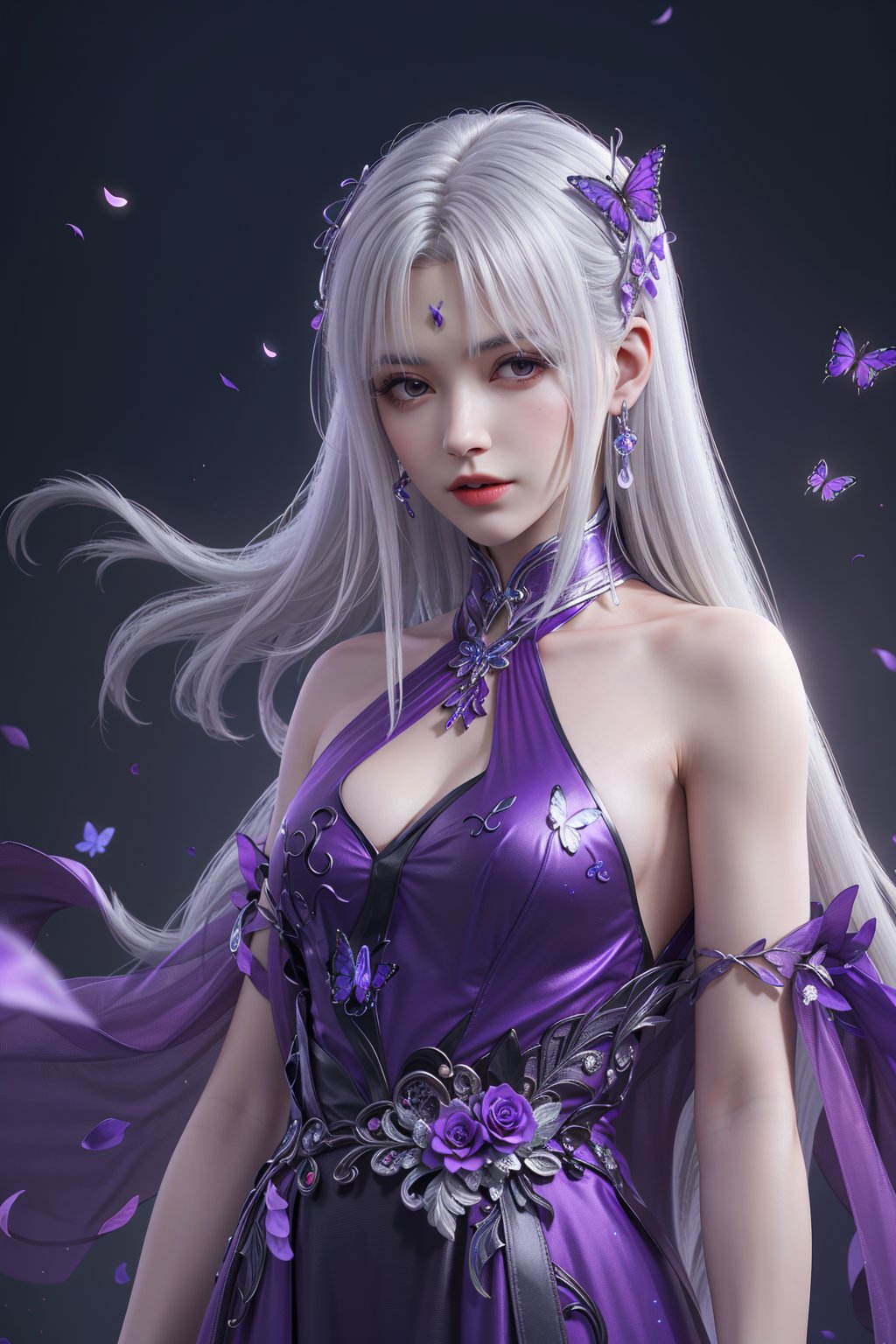 1girl, solo,  outdoor,(standing:1.3),(white hairs:1.2)，(medium breasts:1.0)，flowers，floating hair，(purple dress:1.4)，sky，rainbow，rose petals，butterflies,butterfly hair ornaments,darkness，night，moon，(upper body:1.5),official art, extremely detailed cg 8k wallpaper,(extremely delicate and beautiful),solo, realistic, photo_\(medium\), hiqcgbody,  <lora:hiqcg_body_epoch:0.3:NF>,    <lora:dingdang-xiaoyixian:0.55>