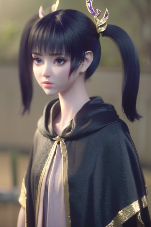 black robe,capelet,cloak,looking at viewer, <lora:紫研:1> ,hair ornament,twintails,purple eyes,紫研,, (masterpiece, best quality, high quality, highres:1.3),8k,detail,CG,3d,
1girl,solo,pale skin,
detailed shadow,(glossy),(shiny skin),