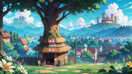 konohavillage konoha gate walls, ramen resto, cable, tree, mountain, flower, at dawn, zebra cross, cloudy sky, cloud, pastel color, <lora:ARWKonohaVillage:1>