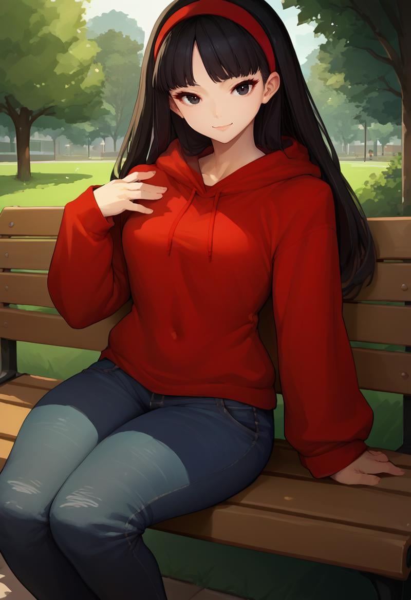 score_9, score_8_up, score_7_up, solo, 1girl, yukikodef, slight smile, looking at viewer, sitting, park bench, black hair, red hairband, black eyes, red hoodie, jeans, outdoors <lora:persona4_amagi_ponyXL-000007:1>