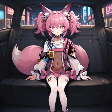 score_9, score_8_up, score_7_up, score_6_up, anime style, source_anime, BREAK <lora:Shamare_pony-000007:1.0> shampony, animal_ears, animal_ear_fluff, fox_ears, twintails, pink_hair, fox_girl, tail, fox_tail, hair_between_eyes, hair_ornament, pink_eyes, symbol-shaped_pupils, annoyed, white pantyhose, see-through,covered navel,  black panties visible through clothes, long sleeves, microskirt, high heels, choker, id card,  solo  <lora:Car_back_seat_front_view:1> car interior, sitting