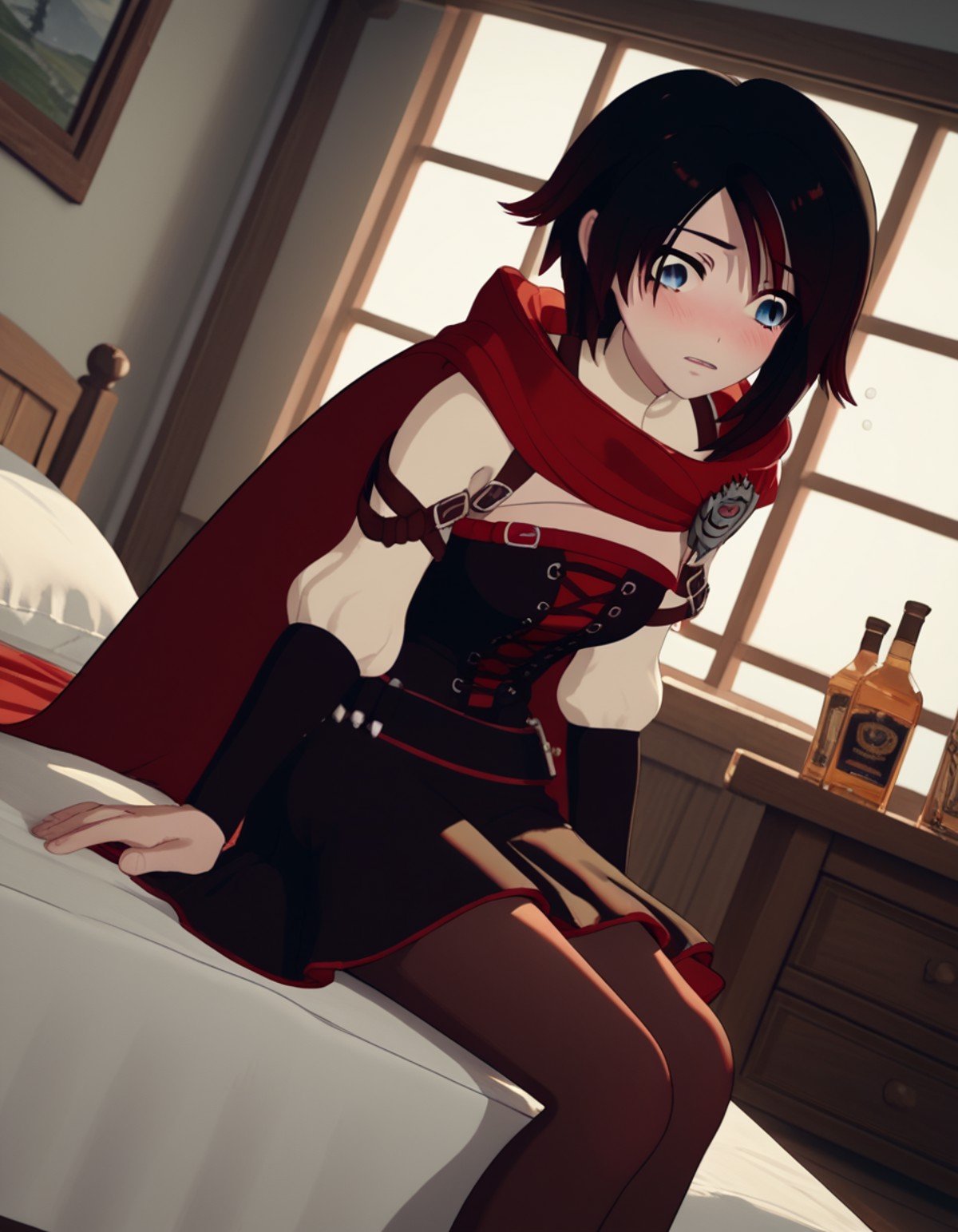 score_9, score_8_up, score_7_up, source_anime, <lora:ruby-rose-ponyxl-lora-nochekaiser:1>, ruby rose, short hair, black hair, red hair, grey eyes,, dress, pantyhose, cape, corset, belt,, indoors, bed, bed room, on side, blush, drunk, looking at viewer, solo, cowboy shot, dutch angle