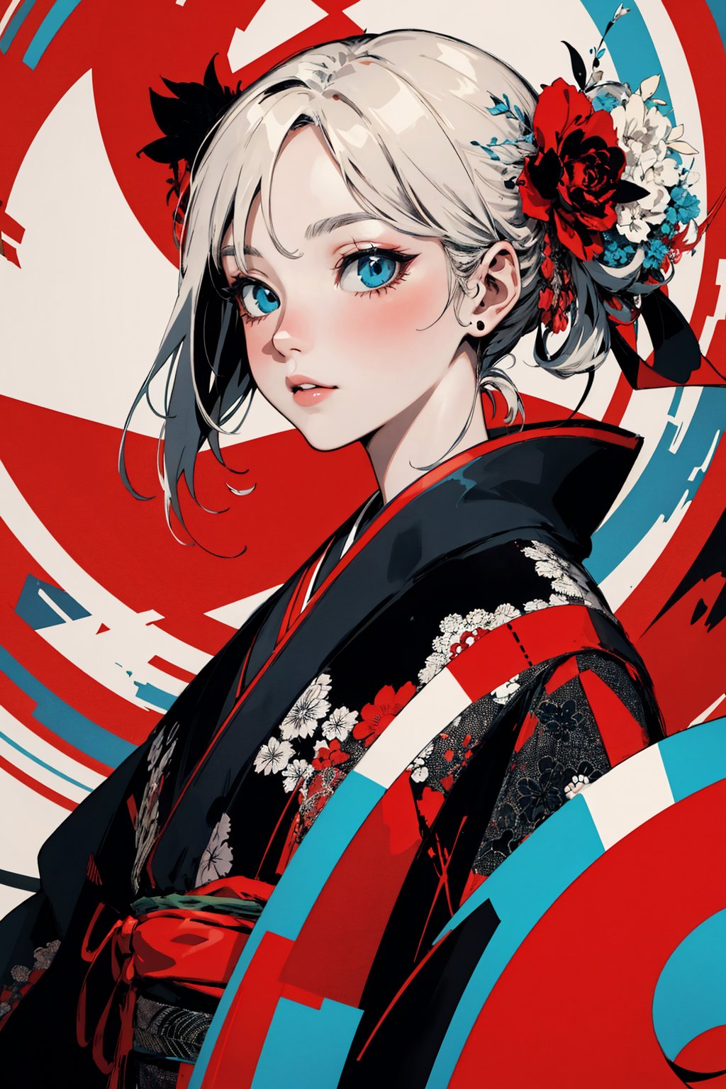 1girl,(flat color:1.4),pose,kimono,colorful,abstruckt background,(Circle),, official art, unity 8k wallpaper, ultra detailed, beautiful and aesthetic, masterpiece, best quality, intricate, detailed face, detailed eyes,