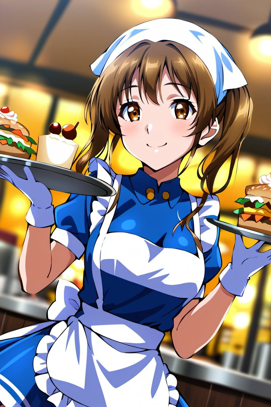 cowboy shot, sunohara shizuka, 1girl, sidelocks, brown eyes, twintails, smile, apron, blue shirt, blue skirt, frilled apron, frills, gloves, head scarf, shirt, short sleeves, skirt, uniform, waist apron, waitress, white apron, white gloves, food, tray, food tray, indoors, restaurant, looking at viewer, dutch angle, cowboy shot, vibrant lighting, high contrast, dramatic shadows, highly detailed, detailed skin, depth of field, masterpiece, best quality, expressive eyes, perfect face, perfect body, beautiful girl, cute girl, <lora:sunohara shizuka deep 729:1>