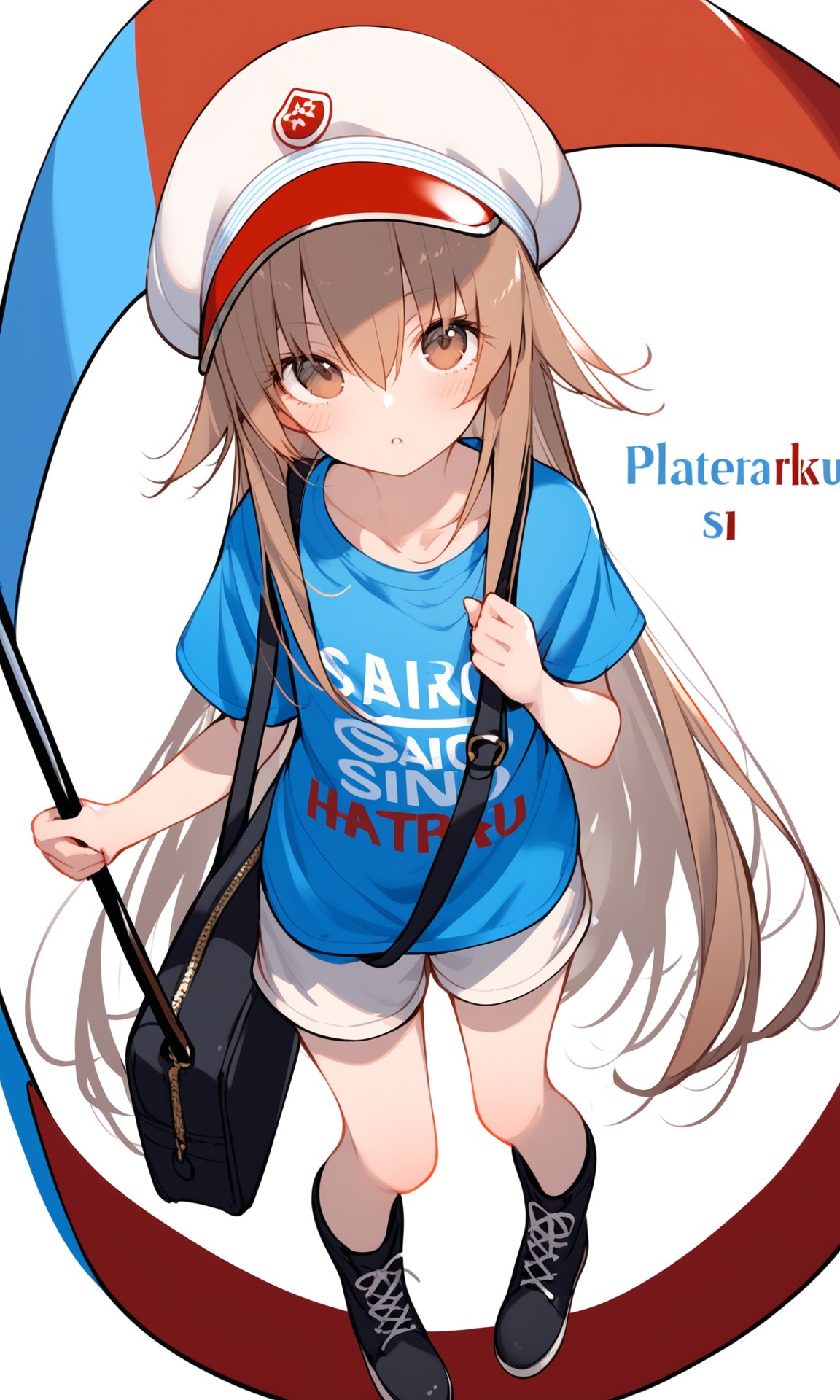 1girl, platelet (hataraku saibou), solo, hat, long hair, brown eyes, brown hair, shirt, blue shirt, looking at viewer, flat cap, boots, flag, white background, blush, short sleeves, simple background, bag, holding, black footwear, hair between eyes, holding flag, shorts, white headwear, shoulder bag, parted lips, bangs, from above, clothes writing, character name, very long hair, full body, collarbone