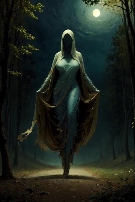 masterpiece, best quality, ultra high res, beautiful, visually stunning, elegant, incredible details,  award-winning art,  <lora:g0s1 - Ghost-000013:0.7>, g0s1, ghost,hood,torn cloak,  faceless,     nature, forest, night, fog, night sky,     1girl, solo, breasts, no humans, 