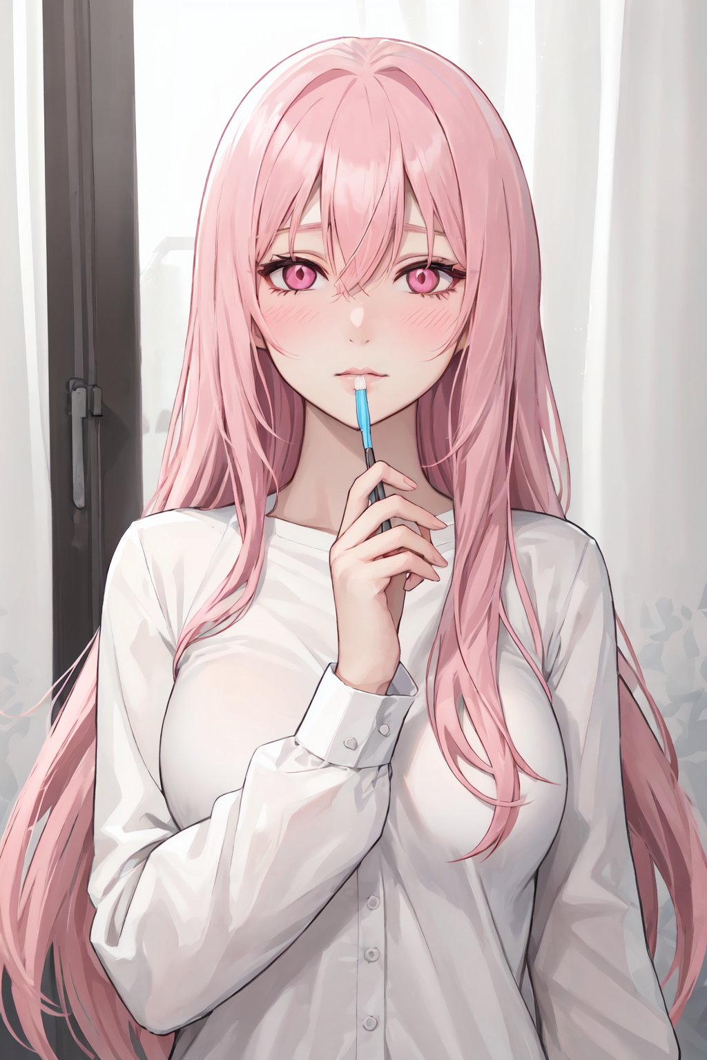 1girl,solo,pink hair,long hair,looking at viewer,pink eyes,shirt,holding,white shirt,toothbrush,upper body,brushing teeth,long sleeves,breasts,bangs,blush,curtains,closed mouth,hair between eyes,