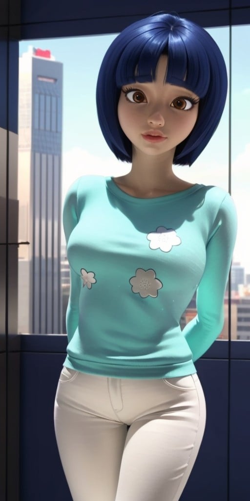 Hyperrealistic, photorealistic, super detailed, white trousers, turquoise sweater, very detailed perfect face, almond-shaped dark tangelo eyes, chin-length black hair with dark blue reflections in a face-framing bob with straight cut bangs slightly divided into three sections and upturned, body like in real life, pale light grayish scarlet lipstick, large pores, fair-skinned, slender, beautiful arms, ((very little very flat breasts)), ((skinny beautiful thighs)), unreal engine, octane render, droped shadow, bokeh, cinematic lighting, <lora:add_detail:0.5>, <lora:Volumetric_lighting:0.6>, Mireille Caquet, <lora:423ad9e0-7720-452a-b69e-37921d3b2d58:0.7>