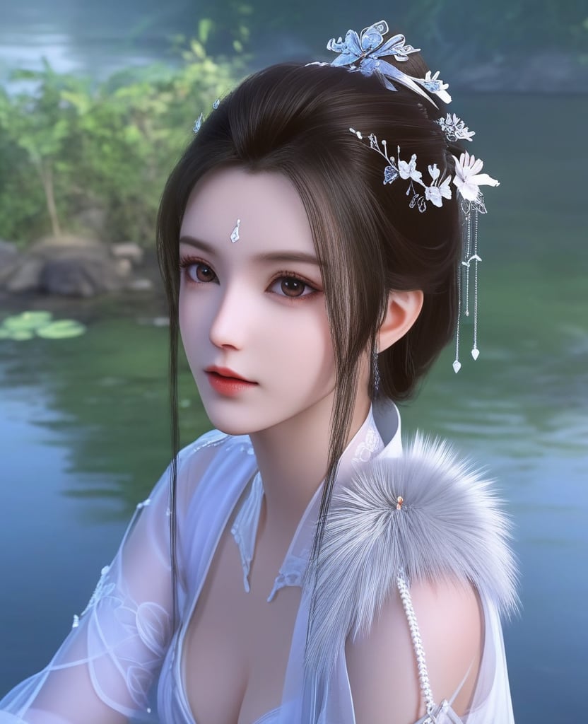 <lora:612-DA-XL-少年白马醉春风-玥瑶:0.8>(,1girl, ,best quality, ),looking at viewer,  ,ultra detailed 8k cg, ultra detailed background,  ,masterpiece, (( , )) , lake,upper body,   (cleavage), (),