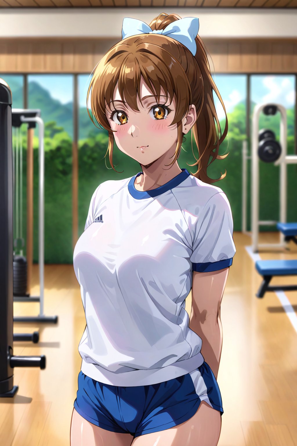 cowboy shot, sunohara shizuka,solo, ponytail, gym uniform, gym, looking at viewer, hair bow, masterpiece, perfect face, best quality, beautiful girl, blurry background, cute girl, beautiful eyes, shiny eyes, absurdres,<lora:sunohara shizuka blue 2:1>