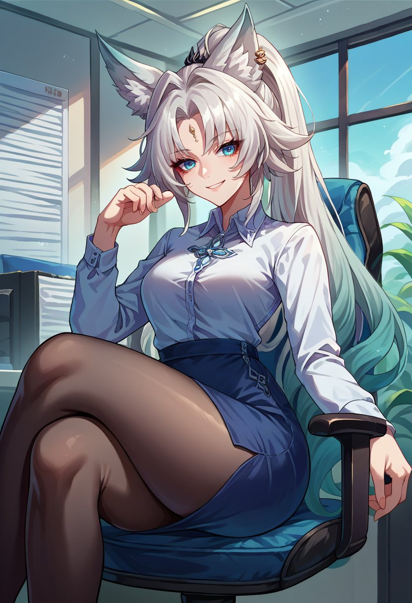 score_9, score_8_up, source_anime, 1girl, solo, Feixiao, animal ears, long hair, ponytail, gradient hair, white hair, blue eyes, forehead jewel, ear piercing, hair ornament, indoors, office lady, office chair, sitting, crossed legs, miniskirt, black pantyhose, dress shirt, smile, <lora:ChamFeixiaoPonyXL:1>