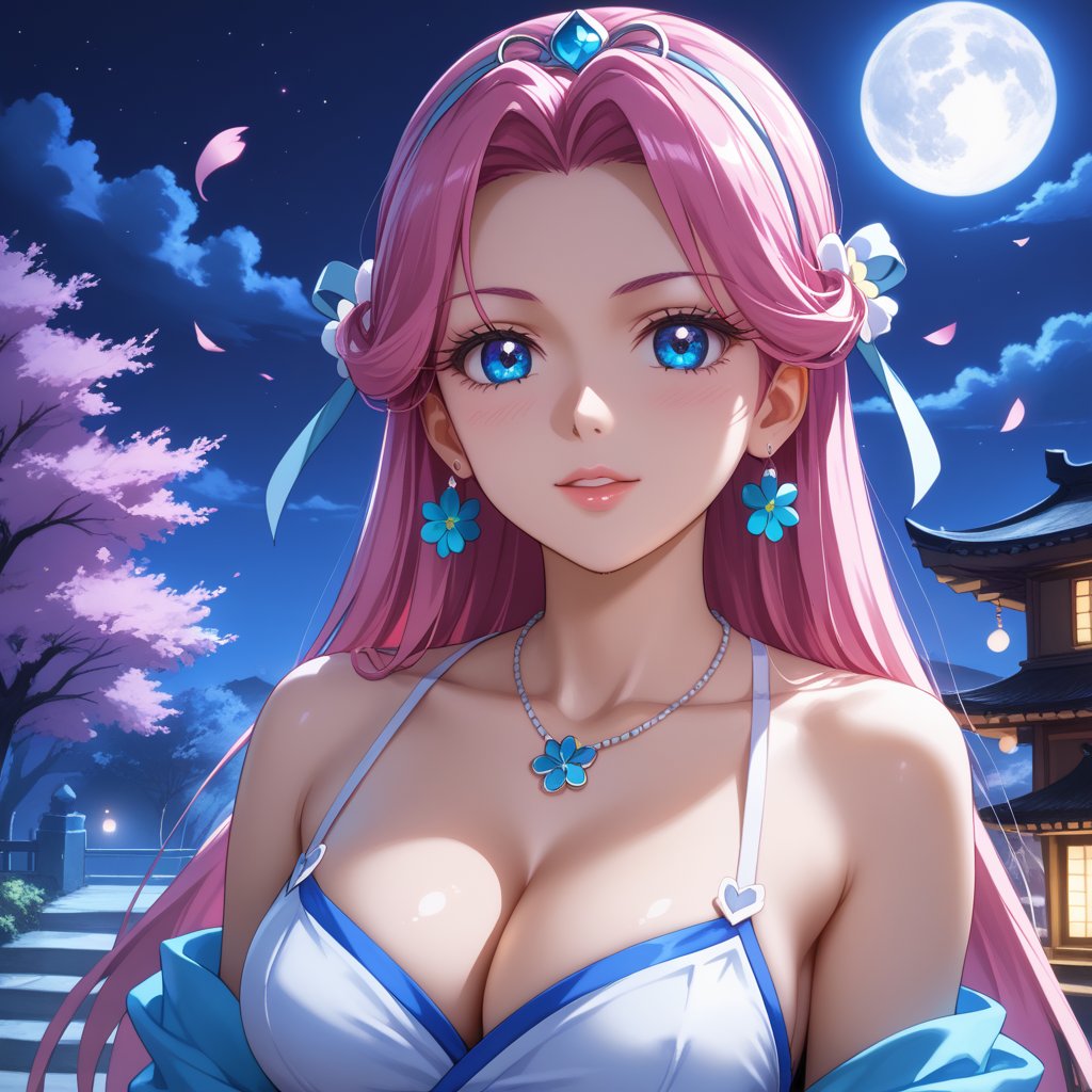 (,1girl, ,best quality, ),,  ,ultra realistic 8k cg,, ,masterpiece, (( , )),, ,   ,   cure blossom, full moon,night,night sky,  (cleavage),,  (), ,,