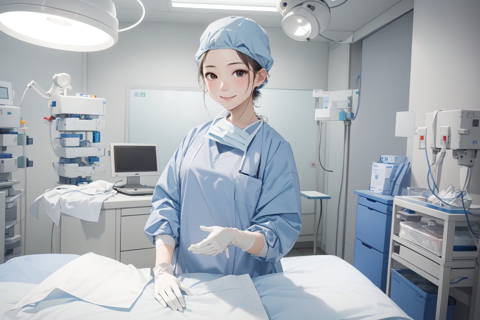 (RAW photo, best quality), 1girl, long sleeve surgical outfit, surgical mask,  surgical gloves, surgical cap,  operating room, overhead surgical light, light smile, <lora:concept_surgical_mask_open_v2_1:1> surgical_mask_open, completely_undone