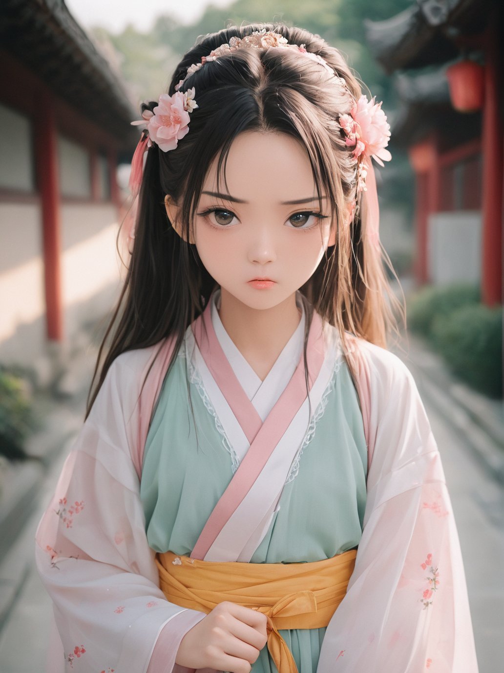 real portrait photography,35mm photograph,RAW photography,professional grade,cute & girly \(idolmaster\),18 year old cute chinese,anatomically correct,hanfu,angry,