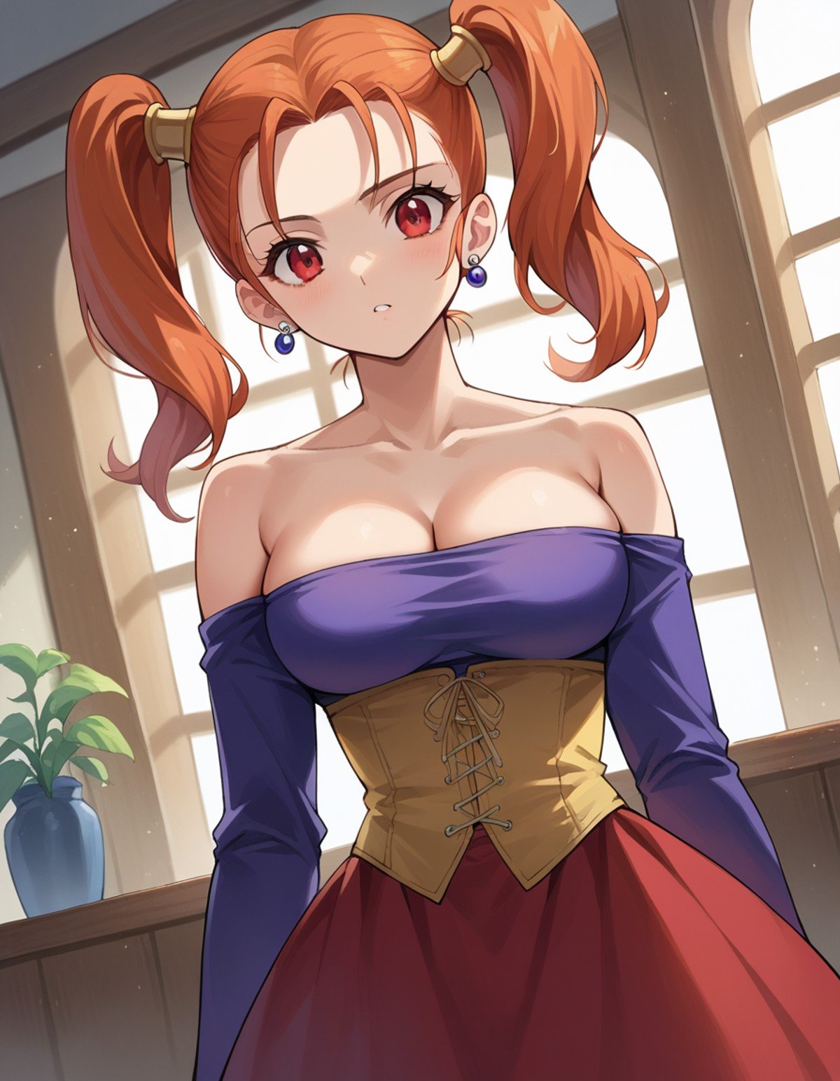 score_9, score_8_up, score_7_up, source_anime,jessicaalbert, <lora:jessica-albert-ponyxl-lora-nochekaiser:1>,jessica albert, orange hair, red eyes, twintails,bare shoulders, cleavage, dress, earrings, jewelry, off shoulder, off-shoulder dress, purple shirt, shirt, strapless, strapless dress, corset,indoors,looking at viewer, dutch angle, cowboy shot,