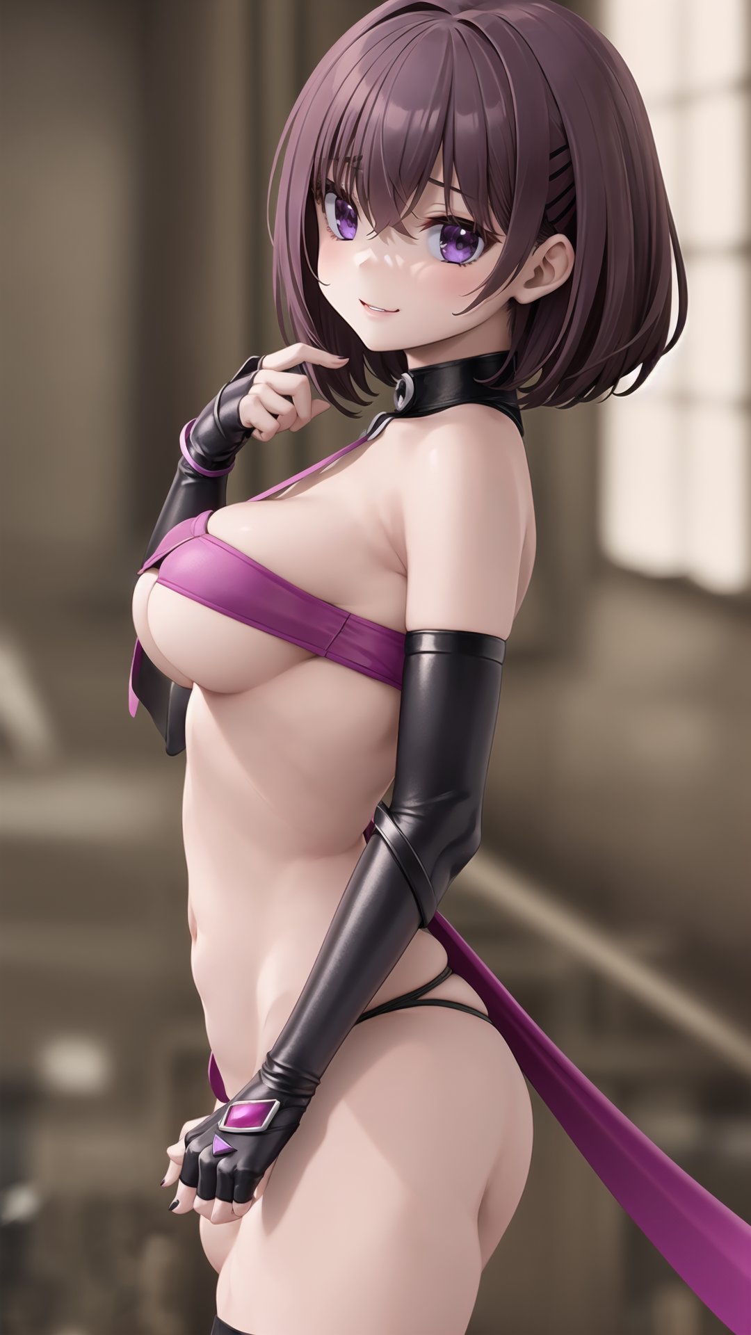 game cg,best quality, nswf,  beautiful face,beautiful body,detailed fingers, perfect detailed,(1girl,solo:1.5),upper body:1.2 ,path tracing, (in an abandoned building:1.2), naughty face, <lora:kanade_suzu:0.6> kanade_suzu, short_hair, purple_hair, bangs, medium breasts, purple_eyes, elbow_gloves, fingerless_gloves, underboob, ass, bare_shoulders, panties, black_thighhighs, thong, black_panties, pink_bow, hair_ornament, navel,(from front:1.5),breast grab, 