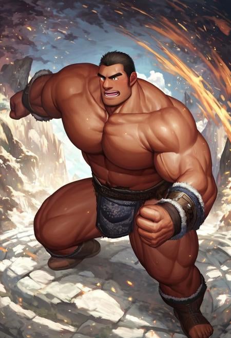 score_9,score_8_up,score_7_up, detailed face, detailed body, detailed eyes, Highest Quality, 4k, masterpiece, Amazing Details, Moritake, 1boys, muscle, big pecs, big muscles, bara, barbarian, in dungeon, fighting pose, male focus,